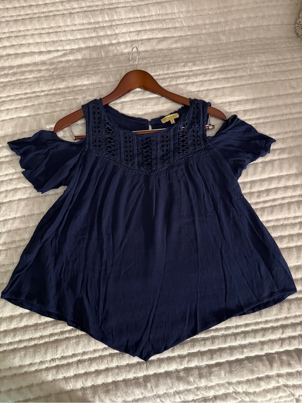 Democracy Navy Cold-Shoulder Crochet Yoke Blouse